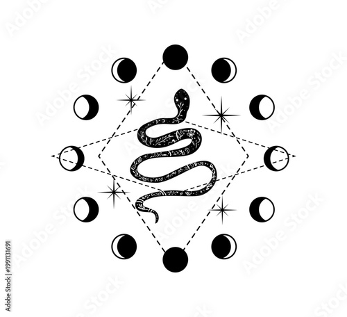 Black and white vector illustration of a snake with moon phases, stars, and geometric lines. Mystical celestial design for tattoo, print, or poster.