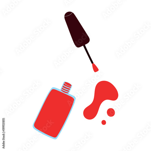 Red nail polish bottle with applicator brush and spilled lacquer drops. Manicure and beauty concept. Vector illustration.