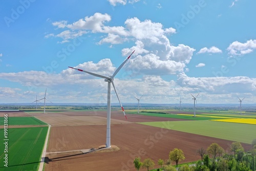 Yellow Flower Field with Wind Turbines under Blue Sky – Clean Energy