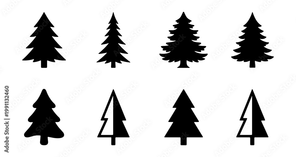 Fototapeta premium Black Pine Tree Icons, Silhouette Forest Trees, Vector Graphic Set