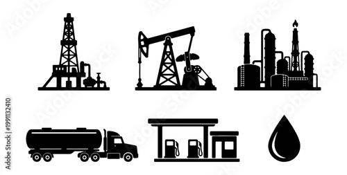Oil industry, black icons, drilling, refining, transportation, fuel