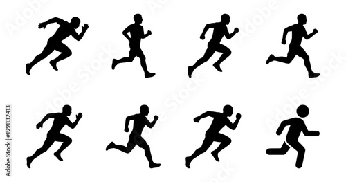 Running, athlete, silhouette icons, black, fitness, sports, 8 set