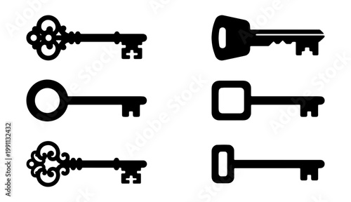 Black keys, old and new, vector icons, key silhouettes, access symbols