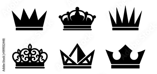 Black crown icons, royal symbols, king crowns, vector set