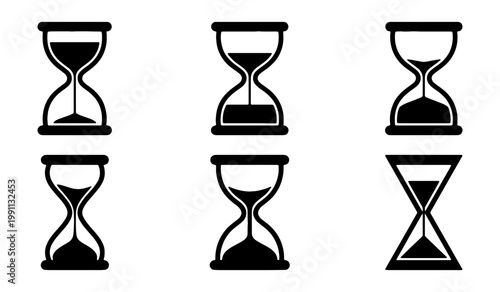 Hourglass icons, time symbols, sand timers, vector graphics