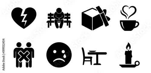 Sadness and loneliness icon set, 8 black vector symbols for grief and depression