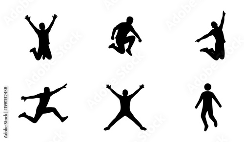 Black silhouette people, jumping, running, dynamic poses, 6 icons, vector graphics
