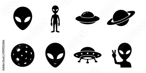 Alien icon set, extraterrestrial UFO silhouettes, 8 space vector elements for web
