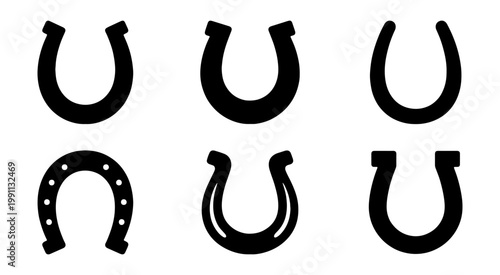 Black horseshoes, horse shoes, metal icons, set of 6, vector graphics