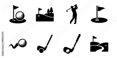 Golf icon set, black silhouette sports symbols, 8 vector golf club and ball elements