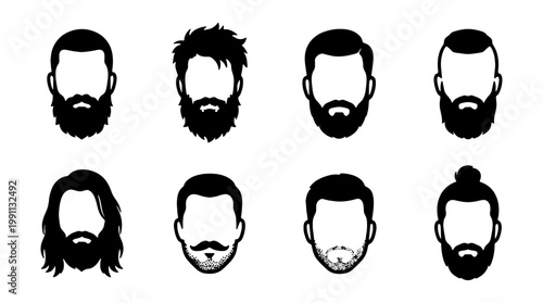 Barber shop hair and beard styles, 8 male grooming icons, black silhouette vector set