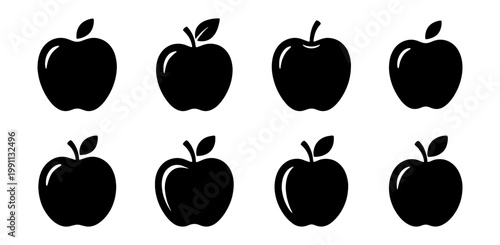 Minimalist apple icon set, 8 black fruit silhouettes, organic food vector graphics