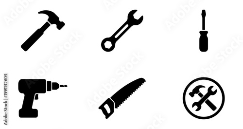 Industrial work tool icons, black hardware vector set, construction repair equipment