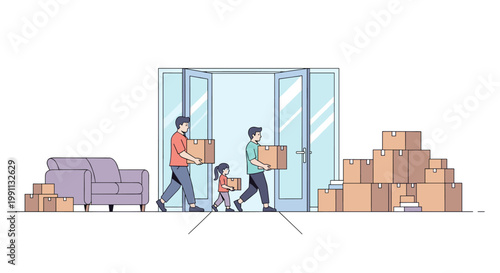Family moving into new home with cardboard boxes in linear art style