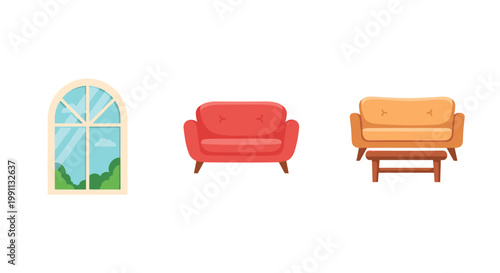 Cozy living room elements with sofa, armchair and arched window