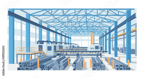 Modern industrial warehouse interior with steel production and machinery
