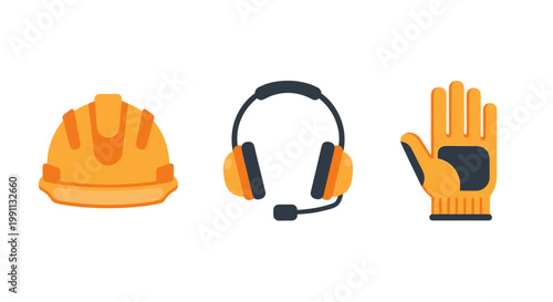 Flat design icons of safety equipment: hard hat, headset, glove