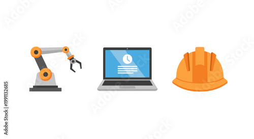 Industrial automation concept with laptop, robot arm and hard hat in flat design