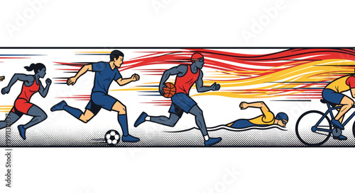 Dynamic athletes in motion captures energy and speed in comic pop art style