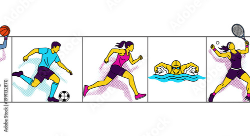 Dynamic sports icons in bold pop art style featuring basketball, soccer, running, swimming, and tennis