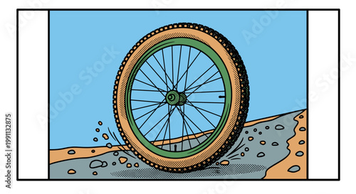 Vibrant pop art bicycle wheel rolling through puddles