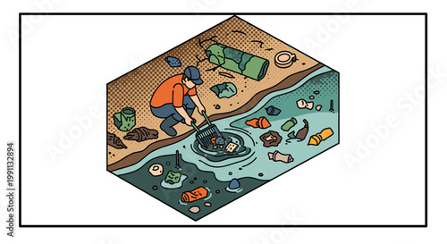 Environmental awareness: isometric beach cleanup and plastic pollution