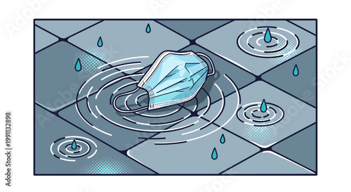 Mask in puddle on tile floor with raindrops: modern pandemic art theme