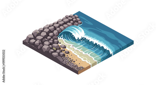 Isometric beach scene with rocks and ocean waves on sandy shoreline