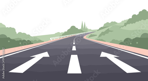 Scenic roadway through lush green landscape in flat style with clear blue sky