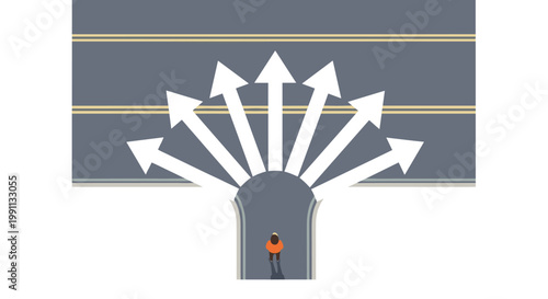 Person standing at diverging paths with arrows pointing in different directions