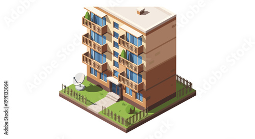 Isometric residential building with balconies and fenced yard