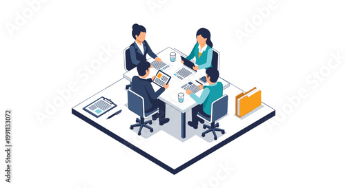 Business meeting in office: diverse team collaborating in isometric style