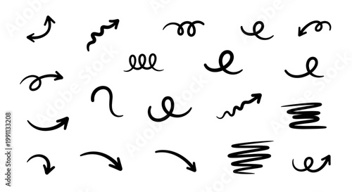 Hand drawn curvy arrow set with swirls and twists for creative designs