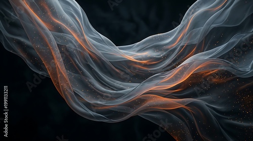 Wavy semitransparent fabric with orange glowing lines and specks on dark background