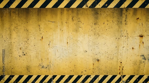 Weathered distressed yellow concrete wall with black and yellow hazard stripes at top and bottom edges and signs of rust and dirt