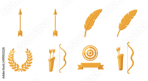 Golden archery and writing icons in 3d style with feather and laurel elements