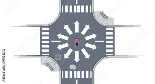 Person standing at complex crossroad intersection with multiple arrow directions in urban setting