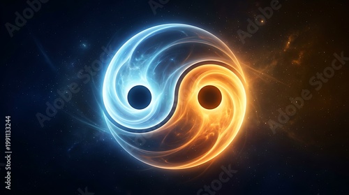 Yin and yang symbol with blue and orange swirling energies in space  representing harmony and balance