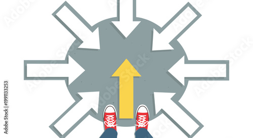 Decision point concept with arrows and sneakers highlighting choice and direction