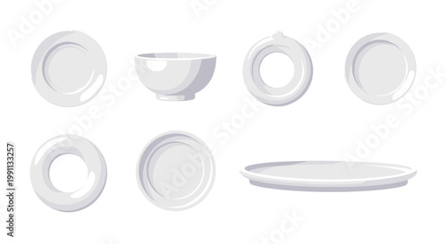 Minimalist ceramic dishware set on white background