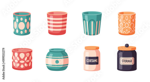Colorful ceramic and glass jars and pots collection for kitchen storage