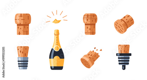 Colorful champagne corks and bottle collection