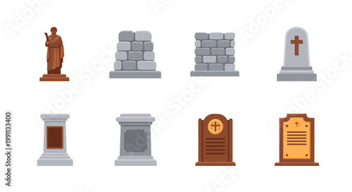 Gravestones and monuments: flat style collection of tombstones and memorials