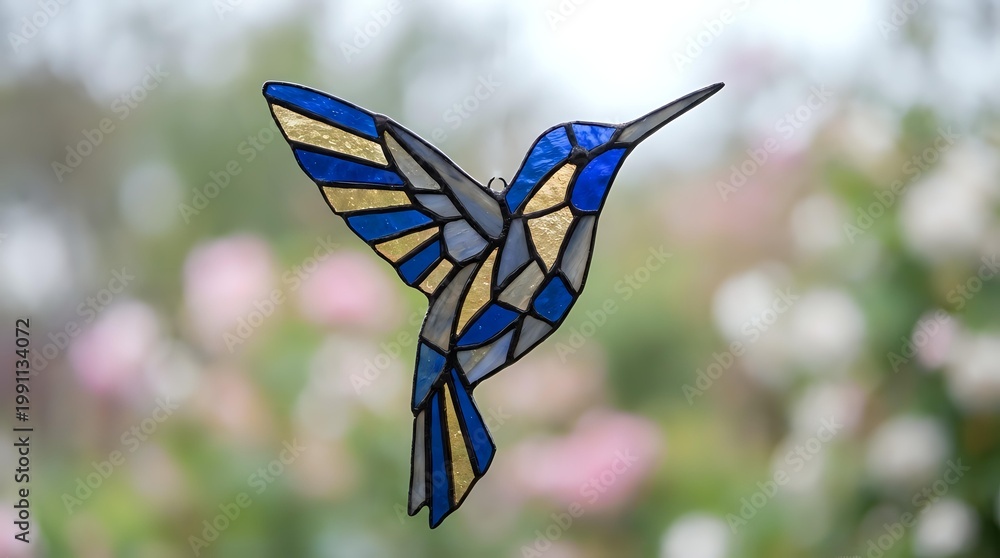Fototapeta premium Stained glass hummingbird with blue and yellow wings against blurred spring garden background. Decorative art piece for home decor and nature themes.