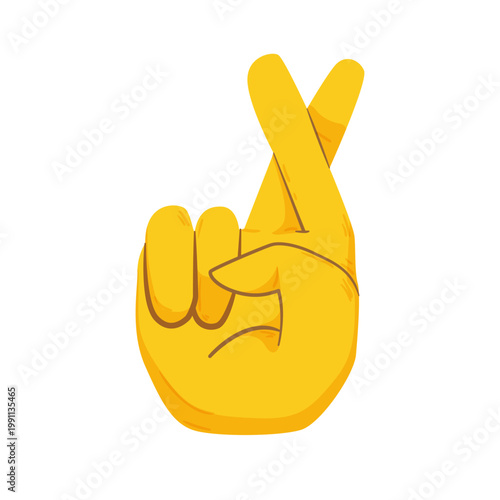Flat vector illustration of a yellow hand with crossed fingers. Simple gesture icon for luck, hope, wish, promise, or expression.