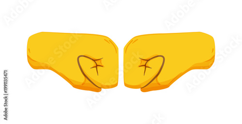 Flat vector illustration of two yellow fists making a fist bump. Simple hand gesture icon for greeting, teamwork, support, friendship, or success.