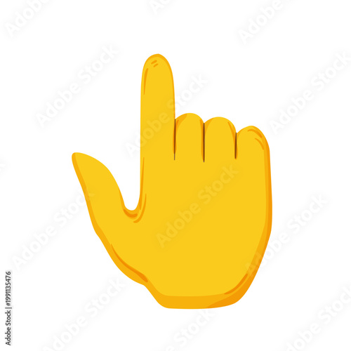 Flat vector illustration of a yellow hand with raised index finger and open thumb. Gesture icon for pointing up, instruction, attention, or selection.