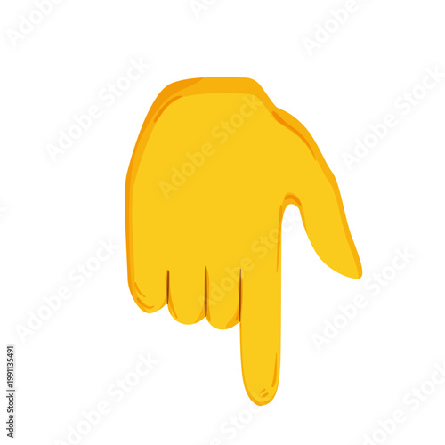 Vector illustration of a yellow hand pointing down. Flat icon for direction, instruction, navigation, or indicating lower position.