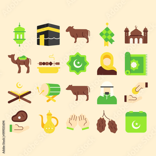 Eid al-Adha Flat Style Icons with Mosque, Kaaba, Qurban Animals and Islamic Symbols