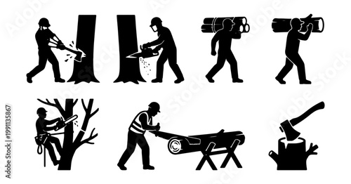 Lumberjack silhouette icon set, woodcutter working with chainsaw and axe, forestry vector